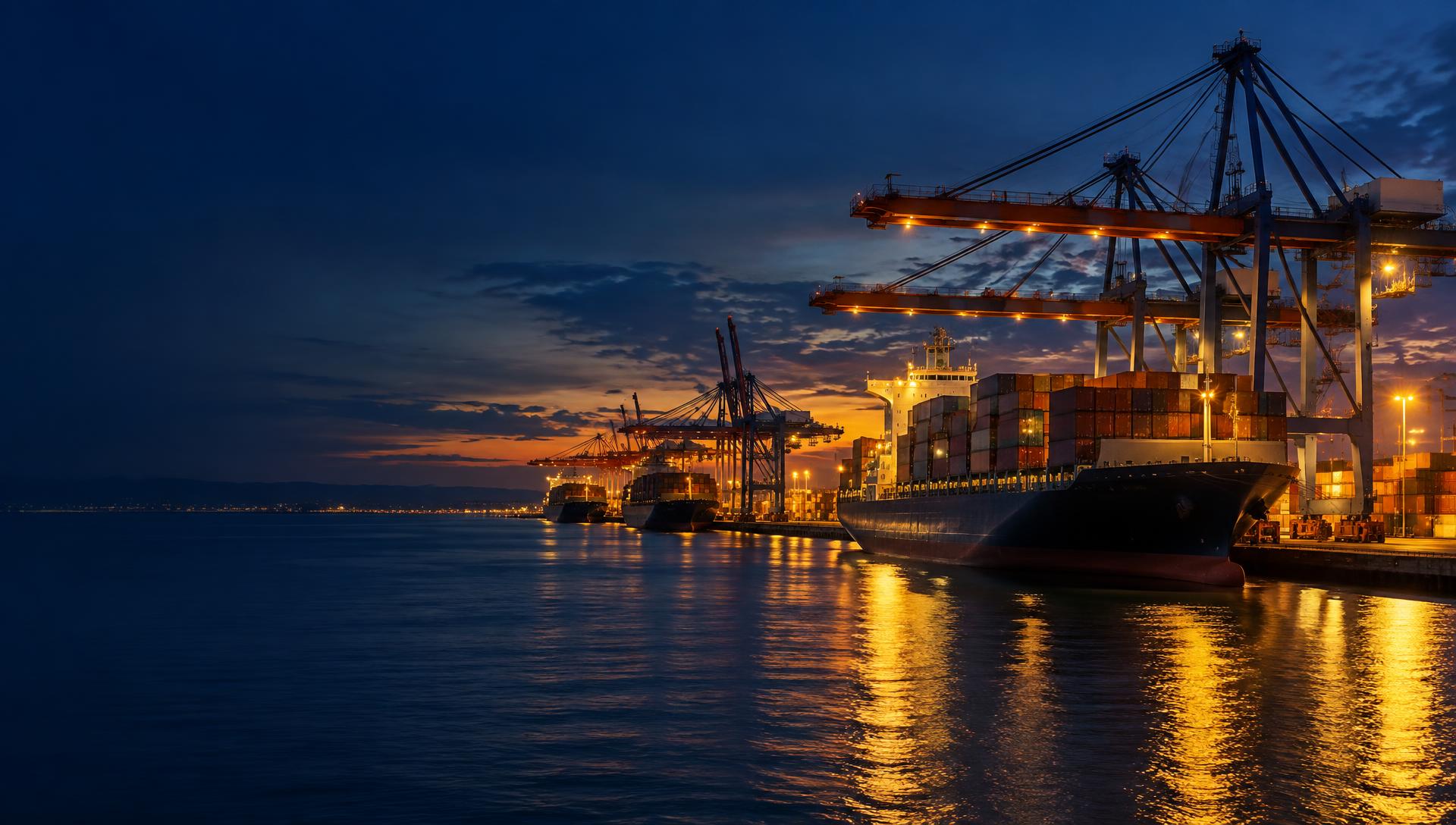 International container port at dusk